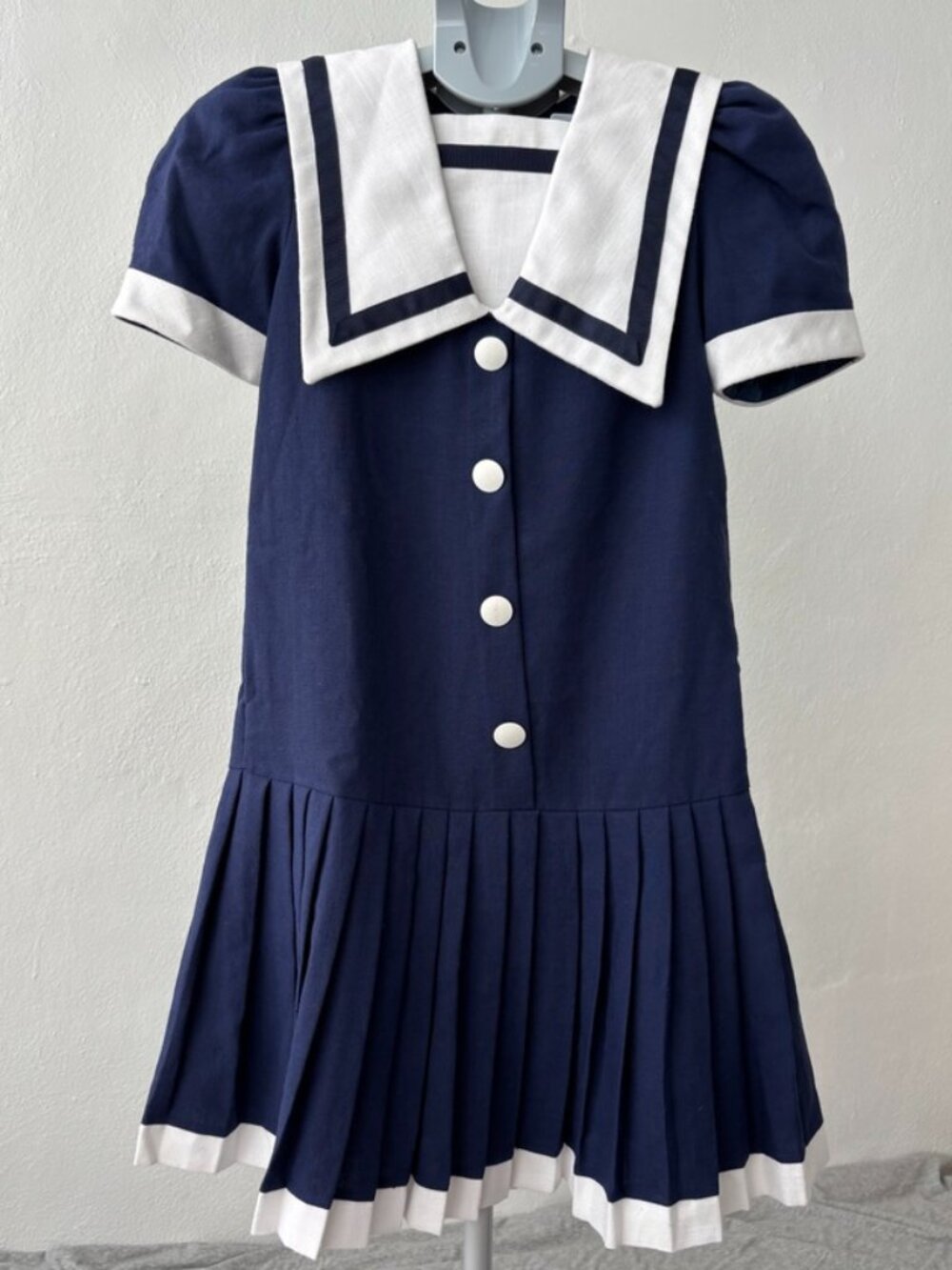 Vintage Sylvia Whyte Girls Sailor Dress 10 Navy Blue Pleated Drop Waist 80s